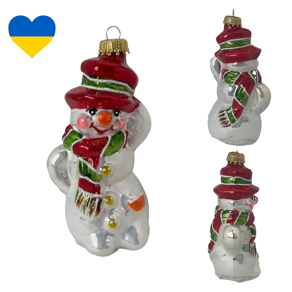Ukrainian: Jolly Snowman with hat, White/ Red/ Green, Figurine Christmas Ornament - Holiday Corner