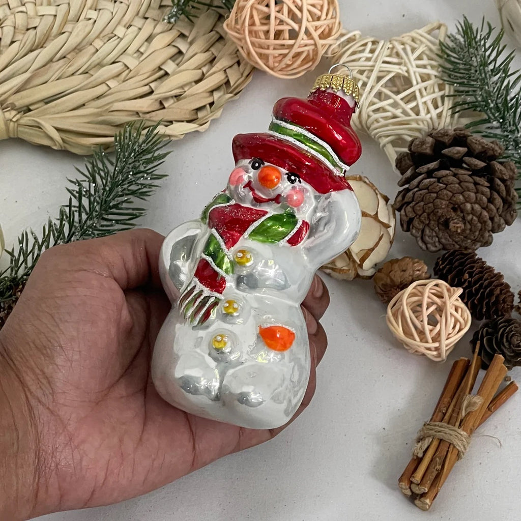 Ukrainian: Jolly Snowman with hat, White/ Red/ Green, Figurine Christmas Ornament - Holiday Corner