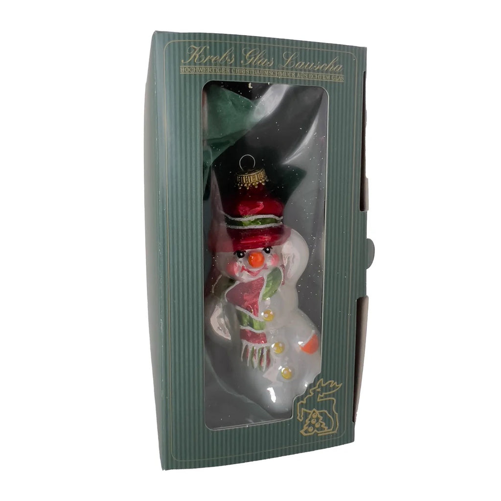 Ukrainian: Jolly Snowman with hat, White/ Red/ Green, Figurine Christmas Ornament - Holiday Corner