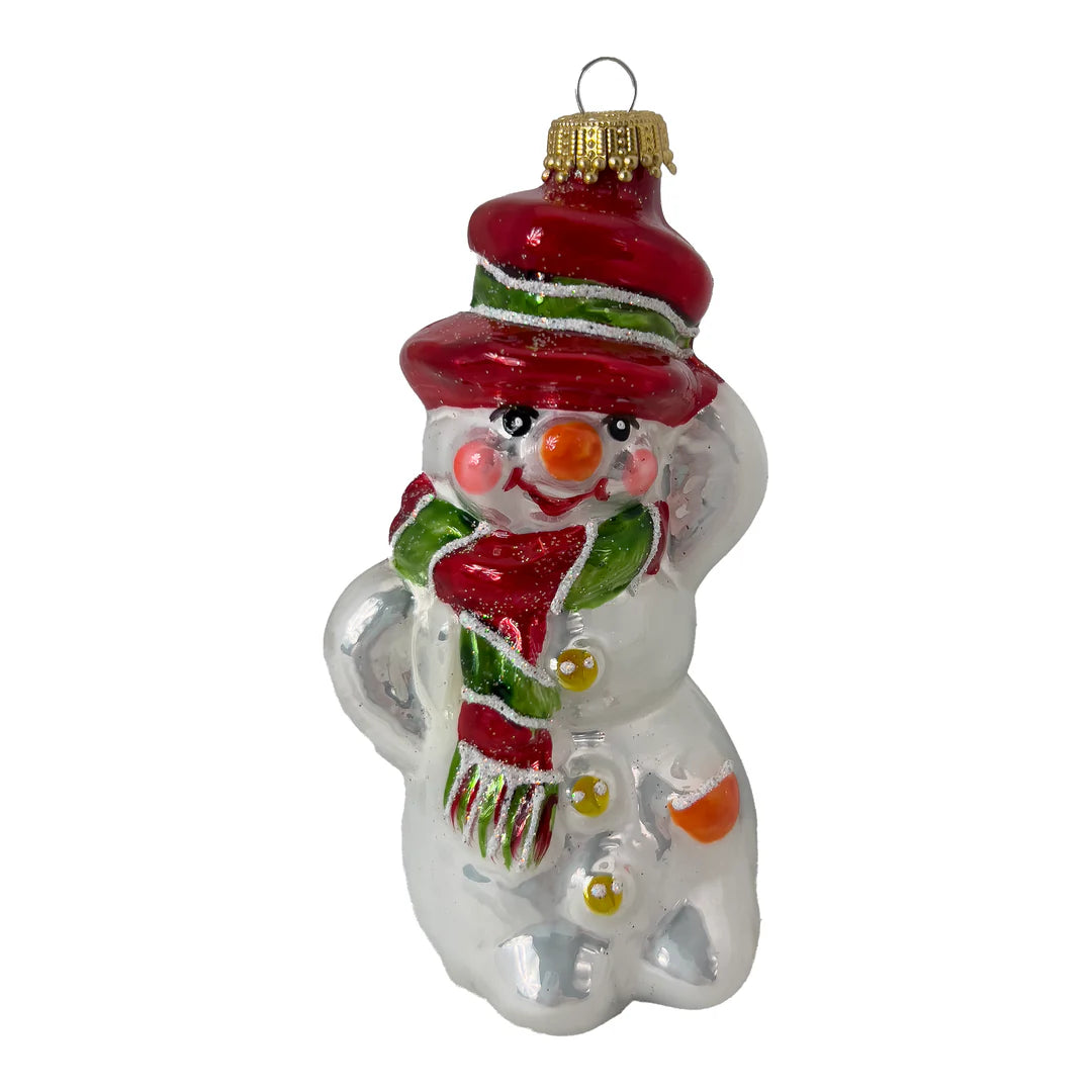 Ukrainian: Jolly Snowman with hat, White/ Red/ Green, Figurine Christmas Ornament - Holiday Corner