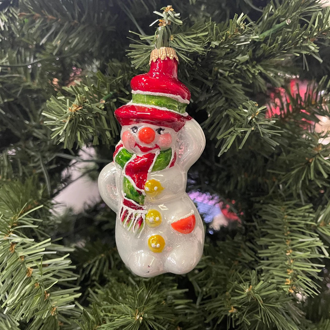 Ukrainian: Jolly Snowman with hat, White/ Red/ Green, Figurine Christmas Ornament - Holiday Corner