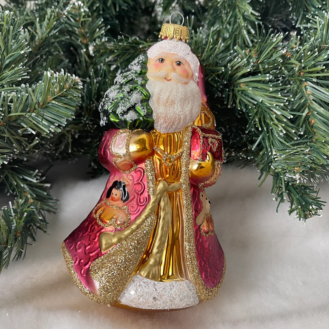 Santa with Treasure, Red/ Gold, Figurine Ukraian Made Christmas Ornament - Holiday Corner