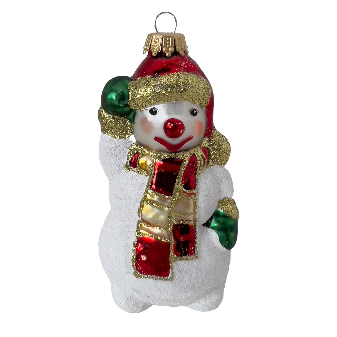 Ukrainian: Snowman Waving White/ Red Figurine Christmas Ornament - Holiday Corner