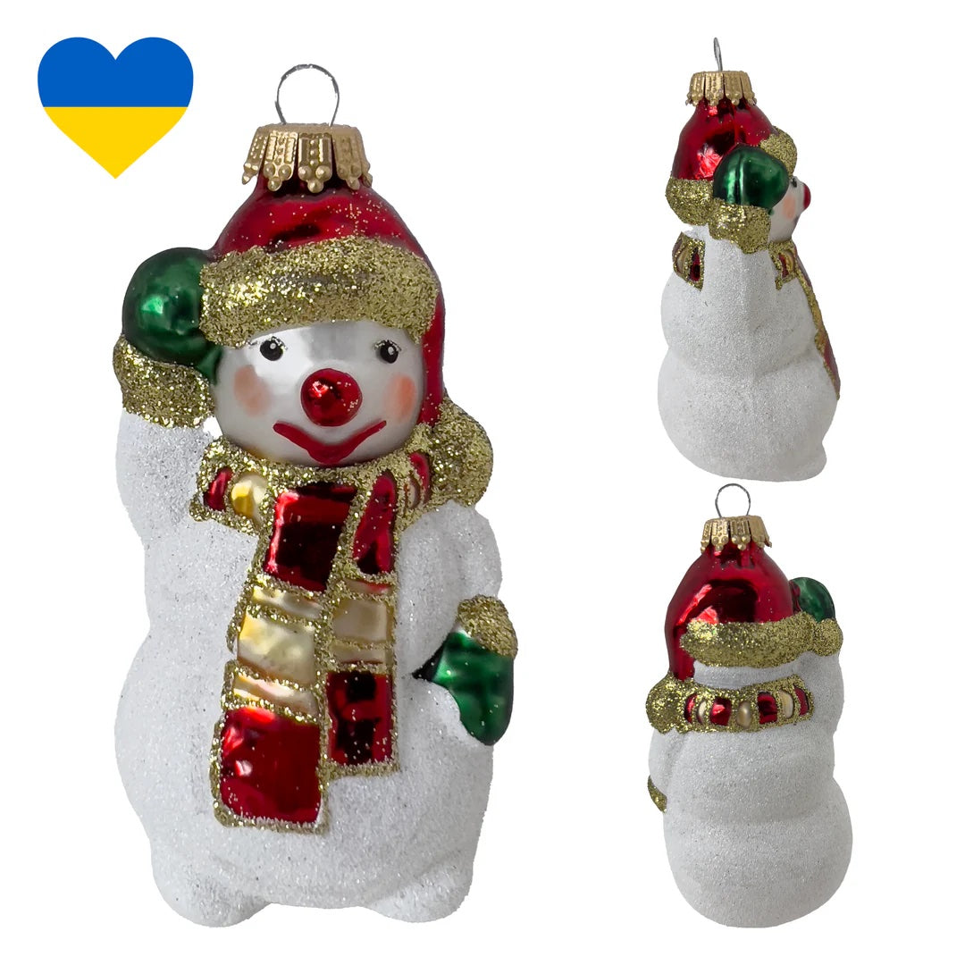 Ukrainian: Snowman Waving White/ Red Figurine Christmas Ornament - Holiday Corner