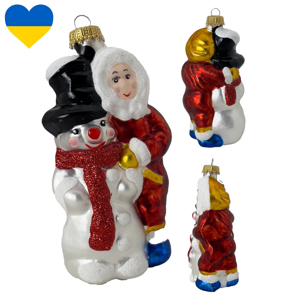 Ukrainian Snowman with Child, White/ Red, Figurine Christmas Ornament - Holiday Corner