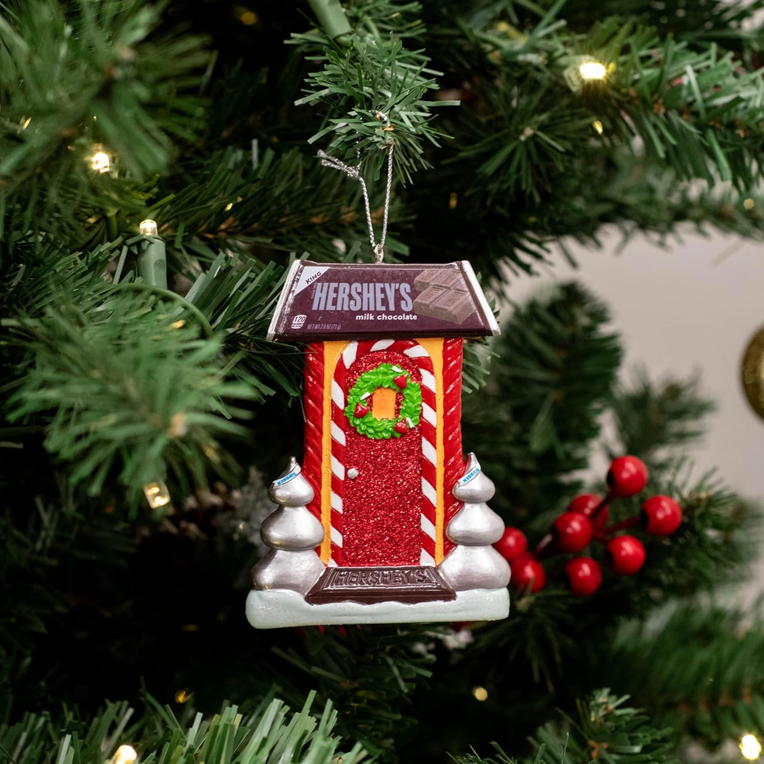 Hershey Gingerbread Candy Door 4 Inch Red Glitter Resin Ornament - Holiday Corner
