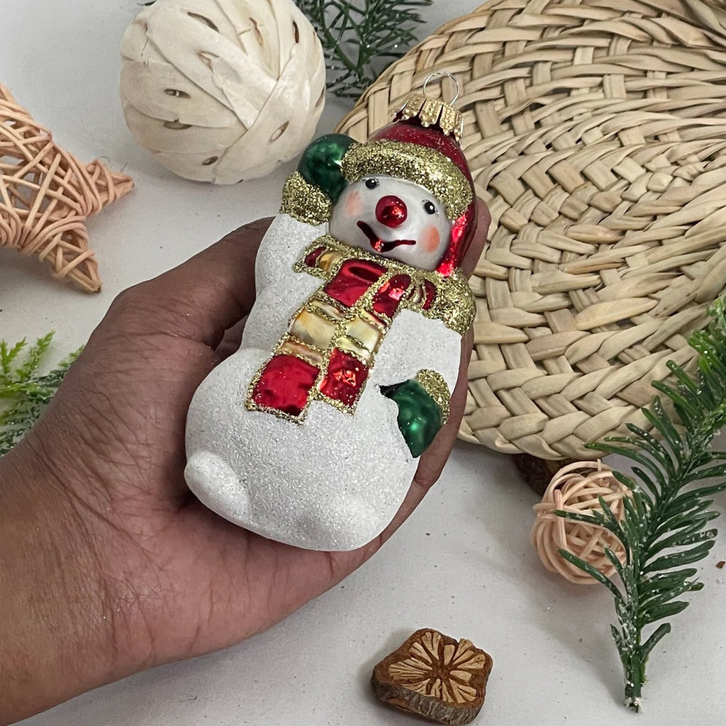 Ukrainian: Snowman Waving White/ Red Figurine Christmas Ornament - Holiday Corner