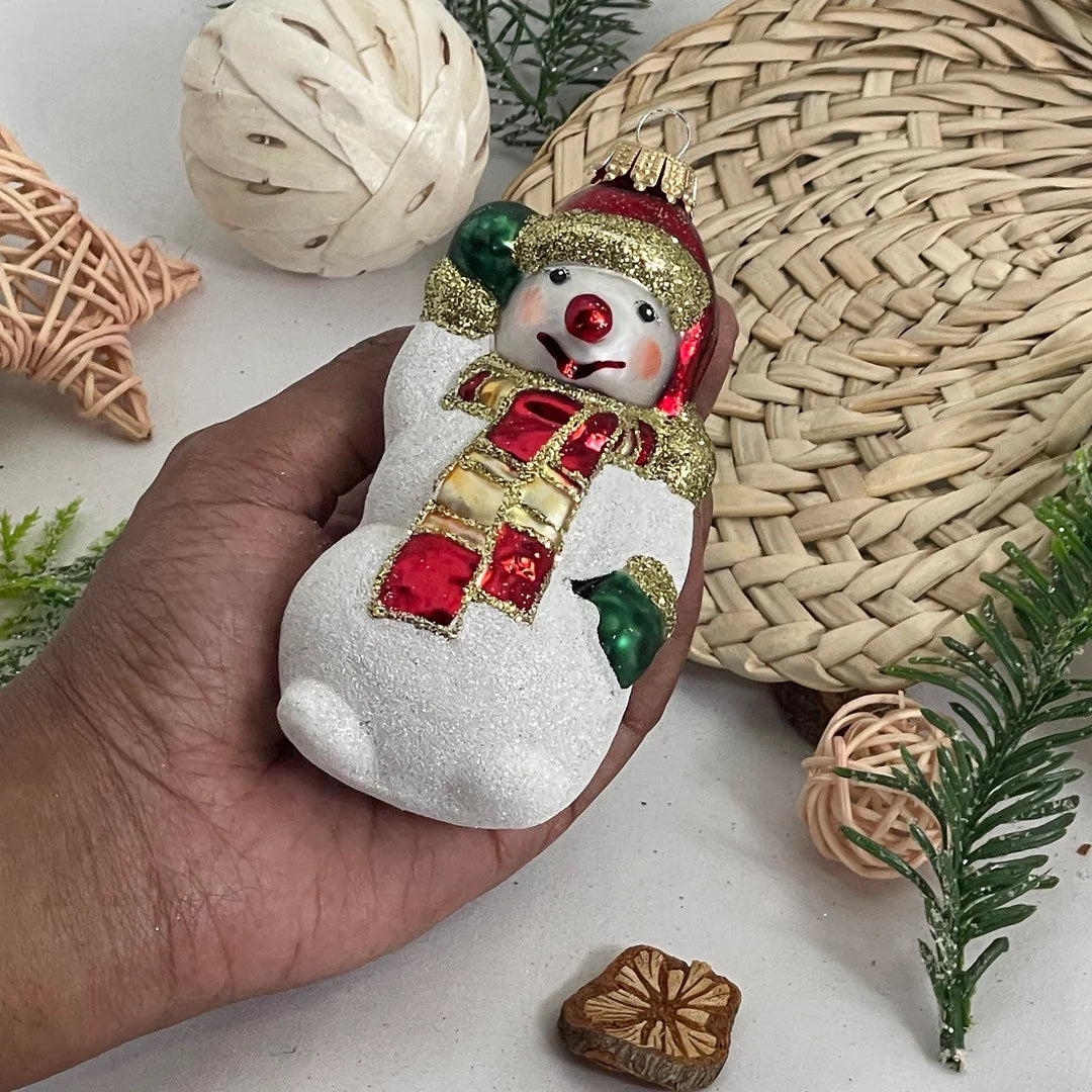 Ukrainian: Snowman Waving White/ Red Figurine Christmas Ornament - Holiday Corner