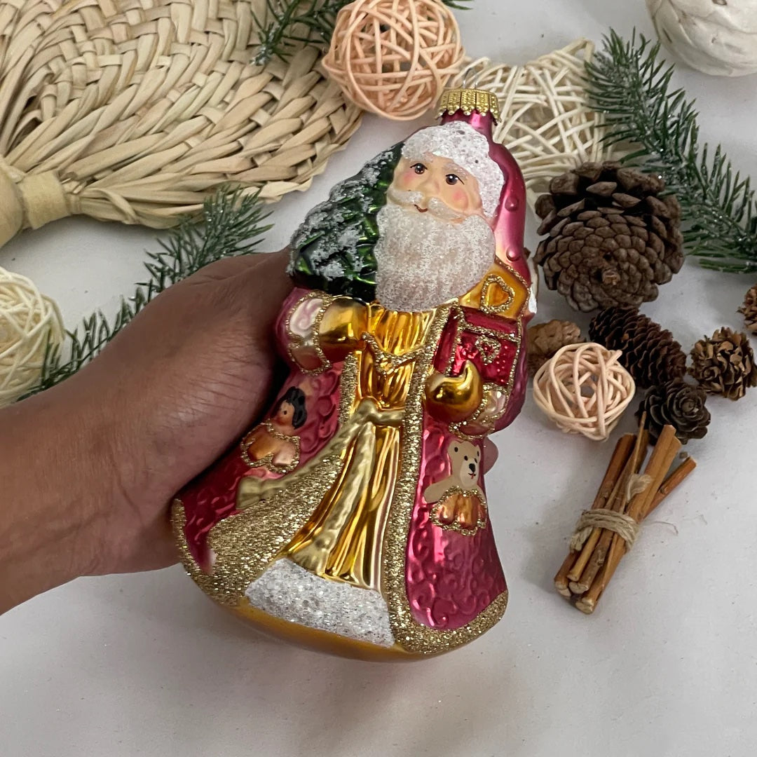 Santa with Treasure, Red/ Gold, Figurine Ukraian Made Christmas Ornament - Holiday Corner