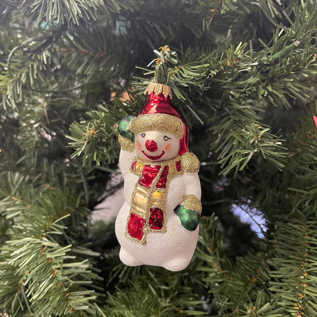 Ukrainian: Snowman Waving White/ Red Figurine Christmas Ornament - Holiday Corner