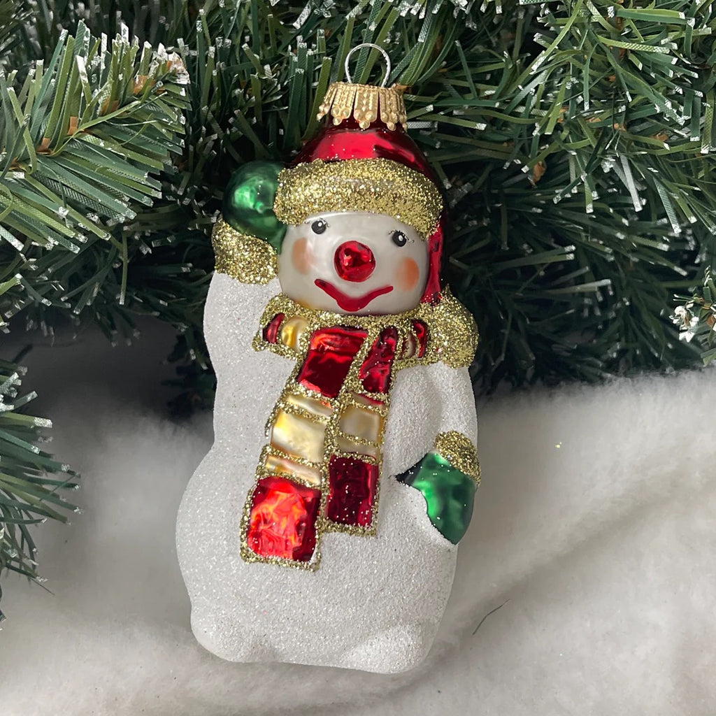 Ukrainian: Snowman Waving White/ Red Figurine Christmas Ornament - Holiday Corner